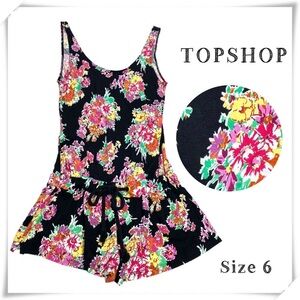 TOPSHOP Floral Print Cut Back Waist Belt Sleeveless Jersey Romper In Black